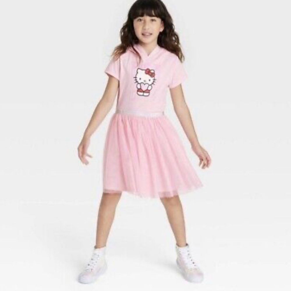 Hello Kitty LOVE Girls T-shirt Dress Pink Skirt Silver